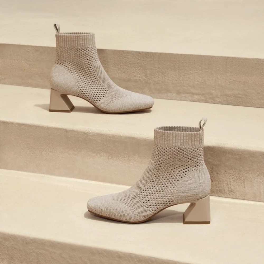 VIVAIA Knit‎ Sock Boots, Square Heel Ankle Booties Neutral Beige, EU/41.5 US/10